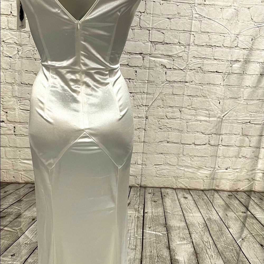 Formal white satin dress. Never worn. Swooped front with v back mermaid bottom